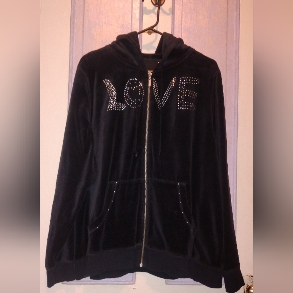 Black Teddy Zip-Up Hoodie Jacket with 'LOVE' Crystal Detail